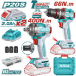 TOTAL TCKLI20275 – Kit Combo Sans Fil 20V Perceuse à Percussion 66 Nm + Clé à Chocs 400 Nm (2 pièces)