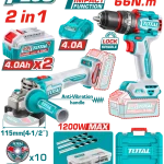 Kit combiné sans fil TOTAL TCKLI20256 : perceuse à percussion sans balais 20 V (66 Nm), meuleuse d’angle 114 mm (4,5 pouces), 2 batteries 4,0 Ah et chargeur.